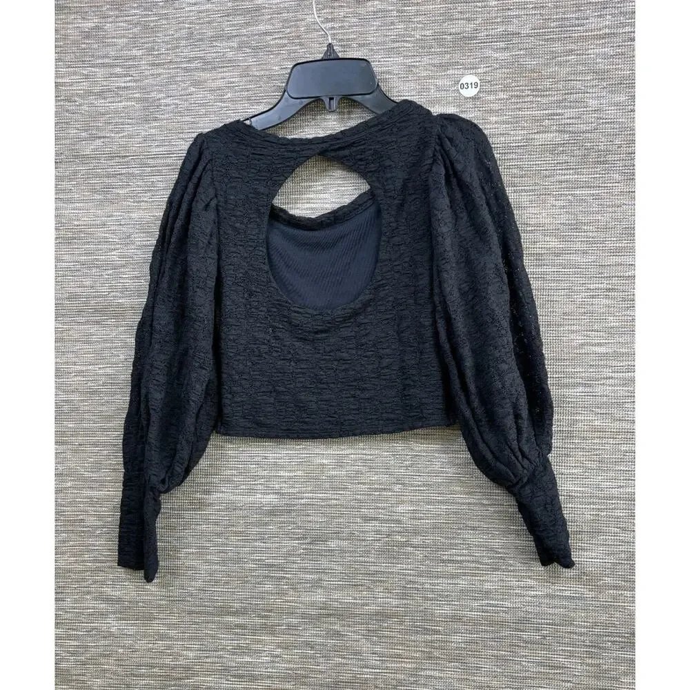 Free People Tea Time Blouse Floral Lace Plumeria Womens Size XS Black OB1251902